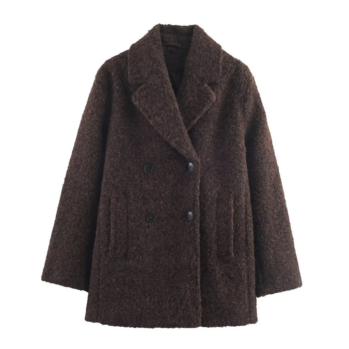 Damen Doppelreihiger Teddy-Mantel mit Schalkragen und aufgesetzten Taschen Drune