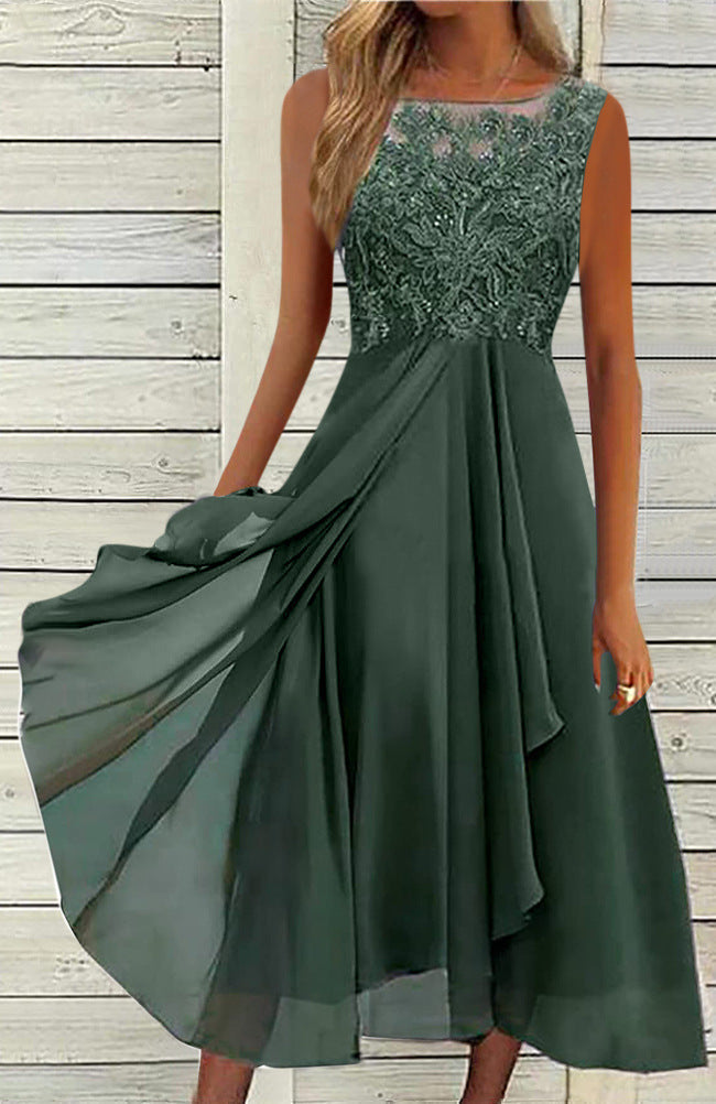 Damen nan ärmelloses Chiffon-Midikleid mit bestickter Illusionsspitze, Schiff-Ausschnitt und mehrlagigem Schwingrock Drune