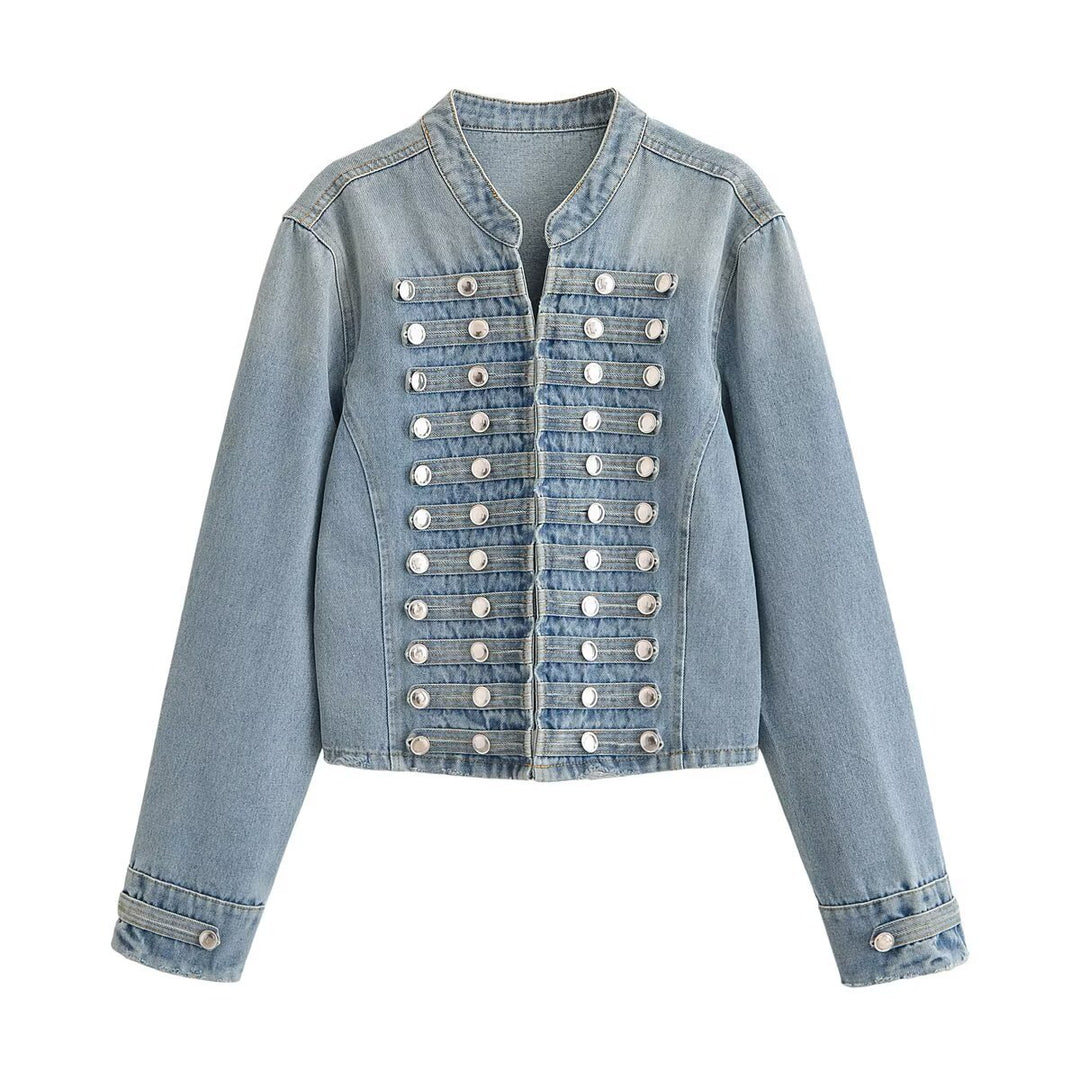 Damen Kurze Jeansjacke mit militärischer Paspelierung und dekorativen Metallknöpfen Drune