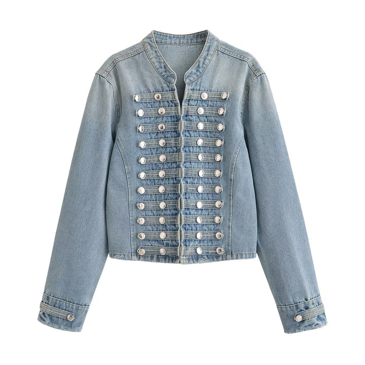 Damen Kurze Jeansjacke mit militärischer Paspelierung und dekorativen Metallknöpfen Drune