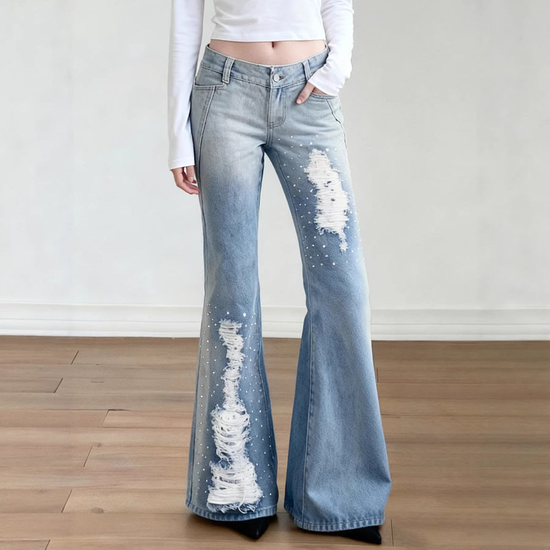 Damen Weite Schlagjeans mit hoher Taille, ausgefransten Rissen und Perlenapplikation Drune