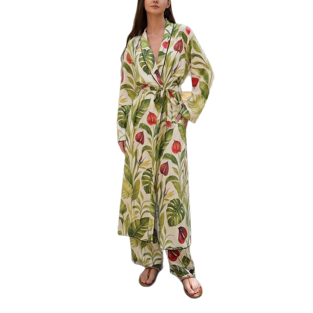 Damen Langer Kimono-Mantel mit Taillengürtel und weiter Palazzo-Hose im Tropenprint Drune