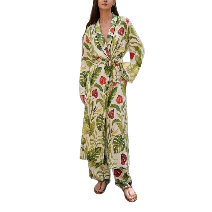 Damen Langer Kimono-Mantel mit Taillengürtel und weiter Palazzo-Hose im Tropenprint Drune