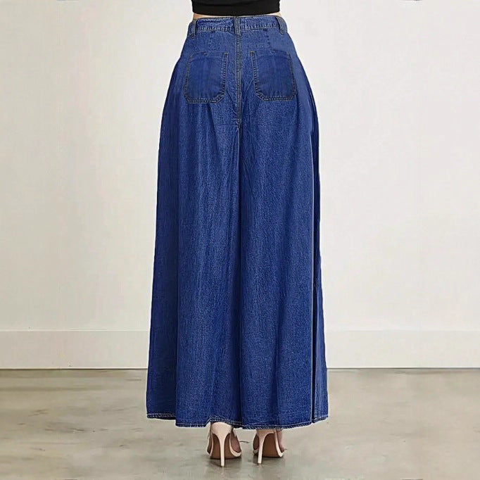 Damen Extraweite High‑Waist Denim‑Palazzohose mit fließendem Tellerfall Drune