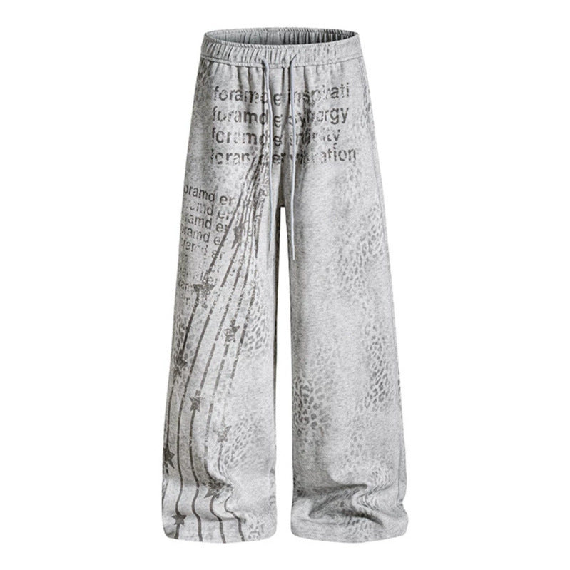 Damen Weite Palazzo-Joggpants mit Tunnelzugbund, Statement-Print und Vintage-Waschung Drune