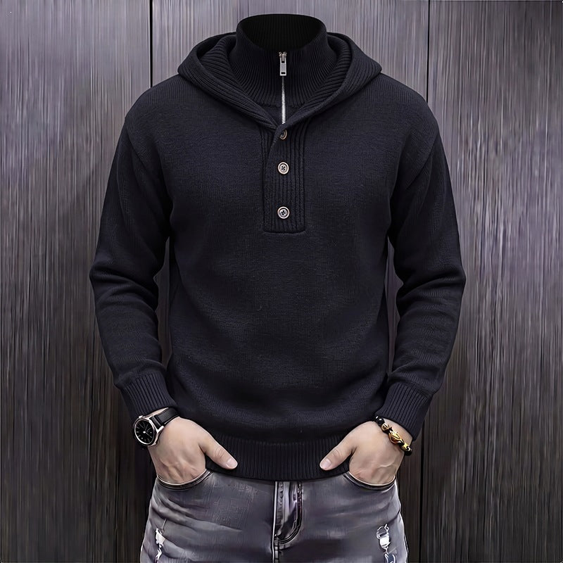 Herren Feinstrick-Kapuzenpullover mit halbem Reißverschluss und Knopfblende Drune