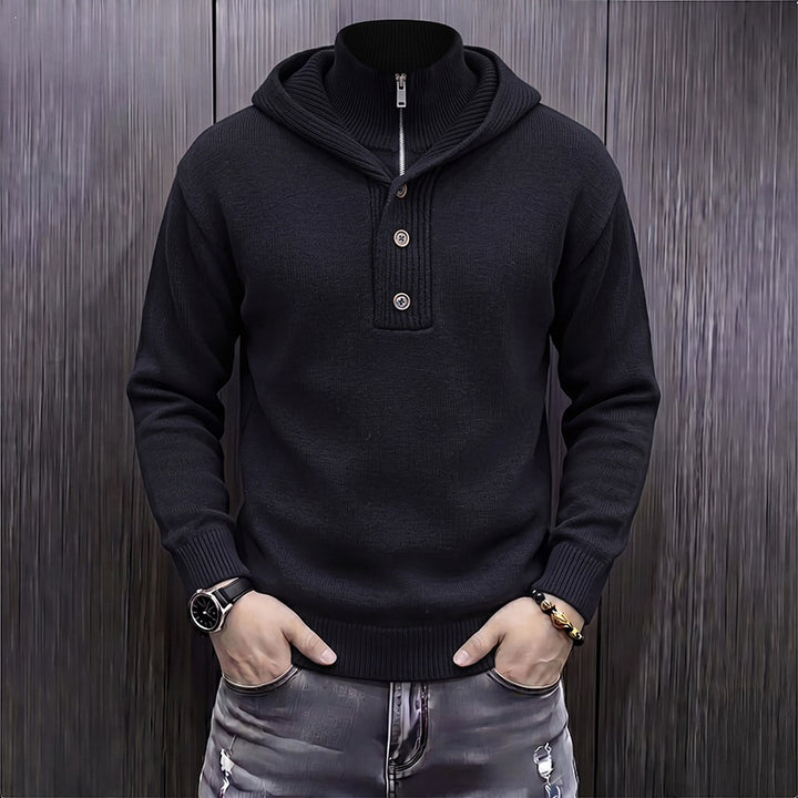 Herren Feinstrick-Kapuzenpullover mit halbem Reißverschluss und Knopfblende Drune