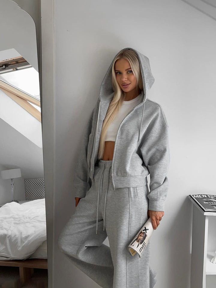Damen Cropped Kapuzensweatshirt mit Kordelzug-Loungehose im Relax-Set Drune