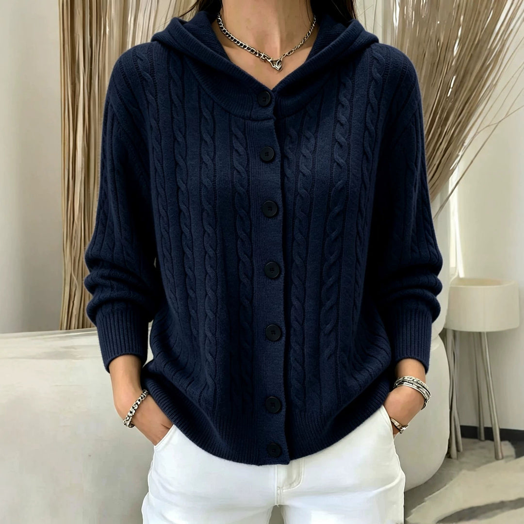 Damen Kapuzen-Cardigan mit Zopfmuster und durchgehender Knopfleiste Drune