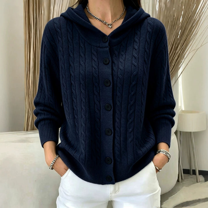 Damen Kapuzen-Cardigan mit Zopfmuster und durchgehender Knopfleiste Drune