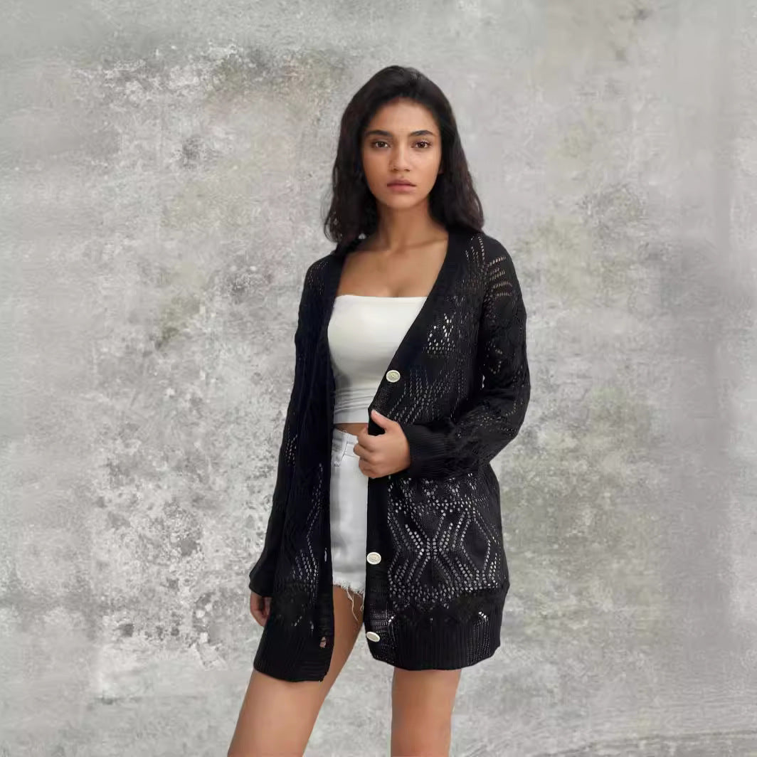Damen Strickcardigan mit luftigen Mustern und Knopfdetails Drune