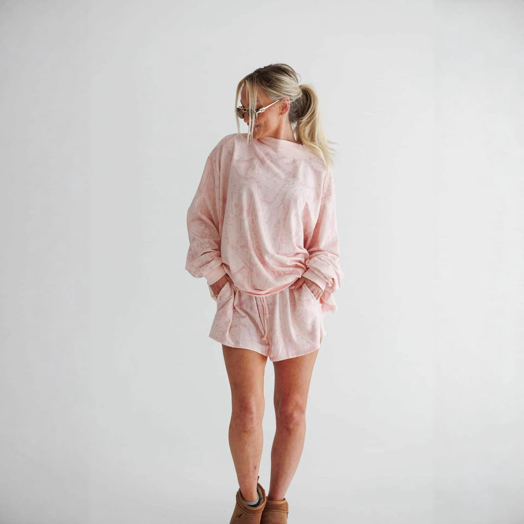 Damen lässiger Sweatshirt- und Shorts-Anzug mit hohem Stehkragen und elastischen Details Drune