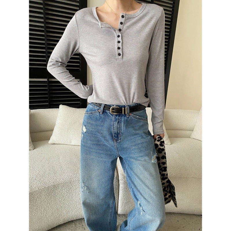 Damen Langarm-Henley-Shirt mit modischer Knopfleiste und bequemen Schnitt Drune