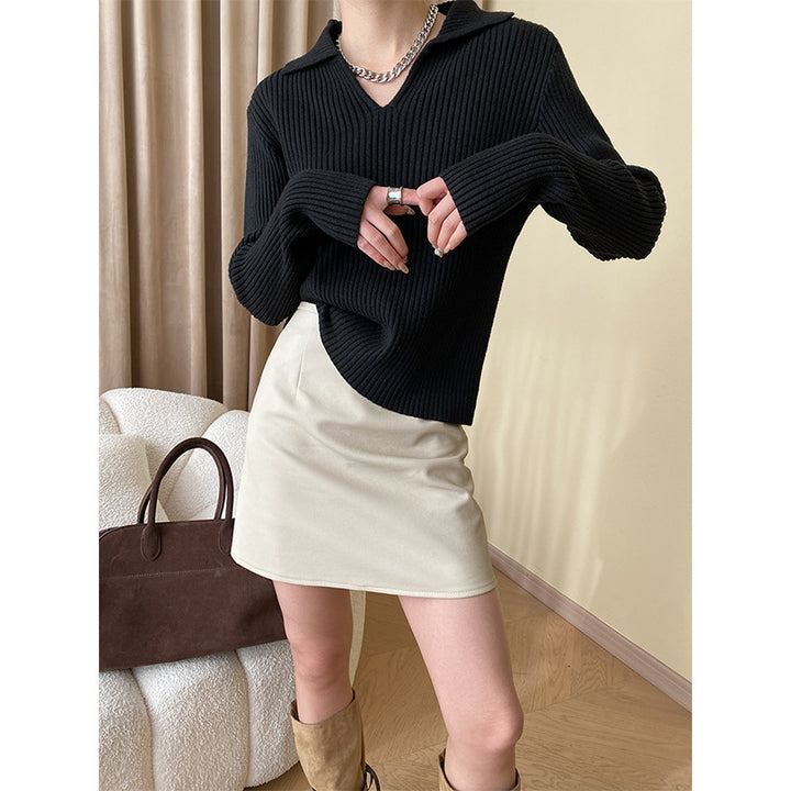 Damen Strickpullover mit modernem V-Ausschnitt und Rippenstruktur Drune