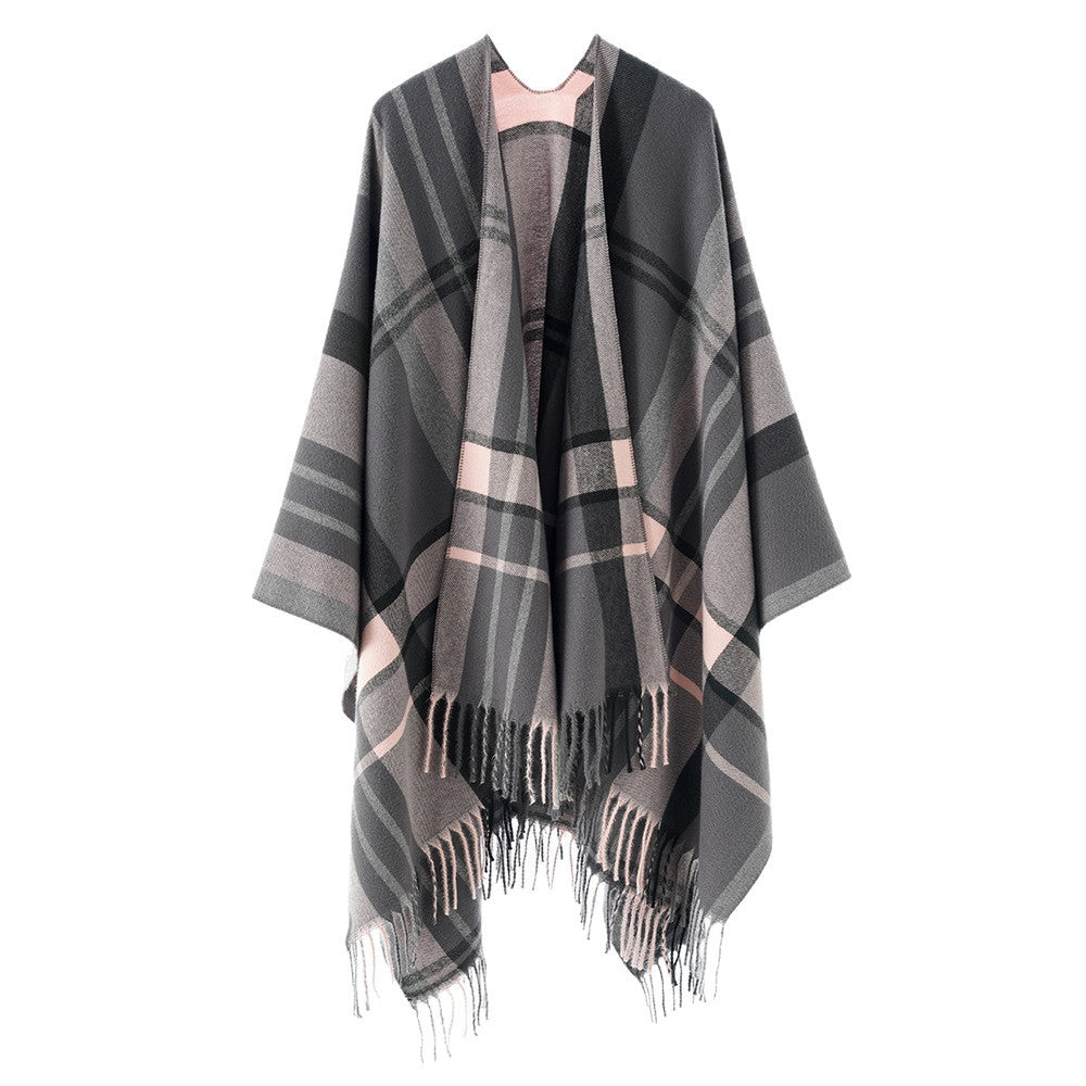 Damen Oversize Poncho-Cape mit Karomuster und Fransen Drune