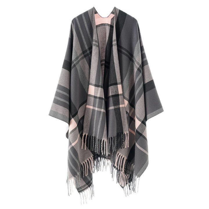 Damen Oversize Poncho-Cape mit Karomuster und Fransen Drune