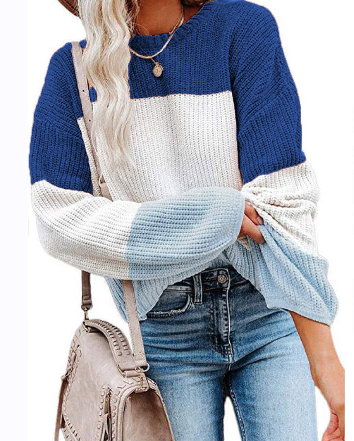Damen Oversize Colorblock Strickpullover mit Ballonärmeln Drune