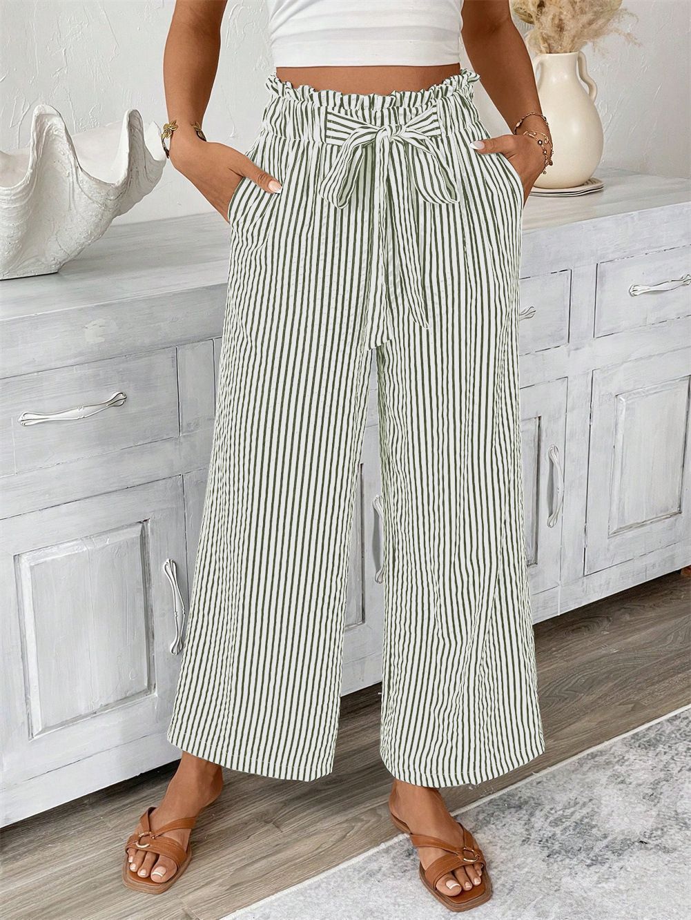 Damen Weite Sommerhose mit Gummizug und Streifenmuster Drune