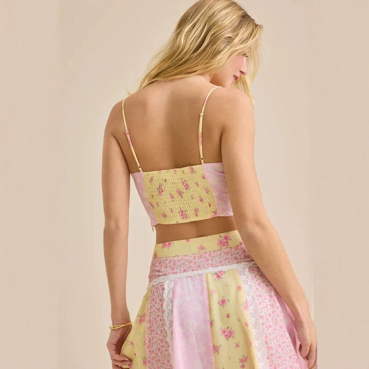 Damen nan romantisches Crop-Top mit Spaghettiträgern und gestuftem Patchwork-Maxirock Drune
