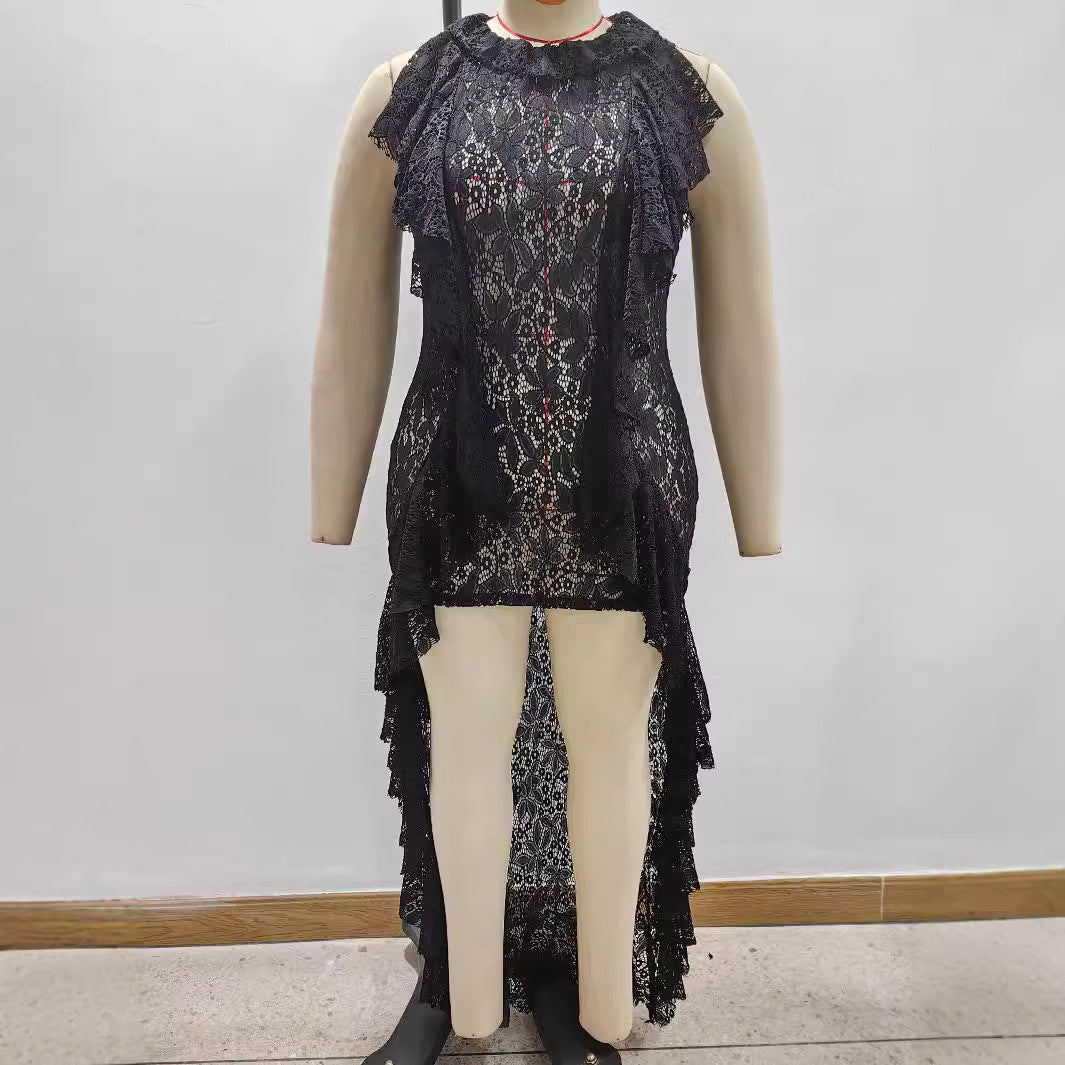 Damen elegantes Spitzenkleid mit Rüschendetails Drune