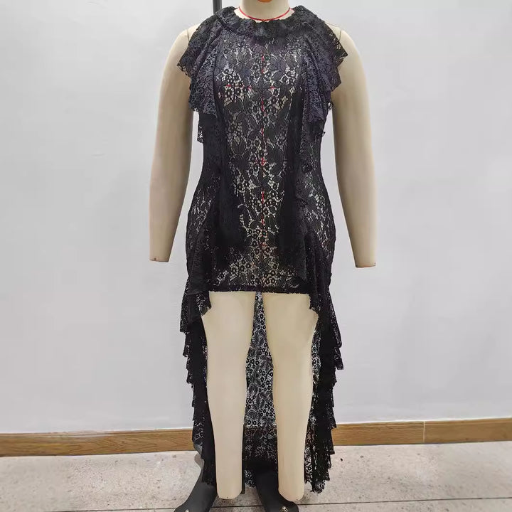 Damen elegantes Spitzenkleid mit Rüschendetails Drune