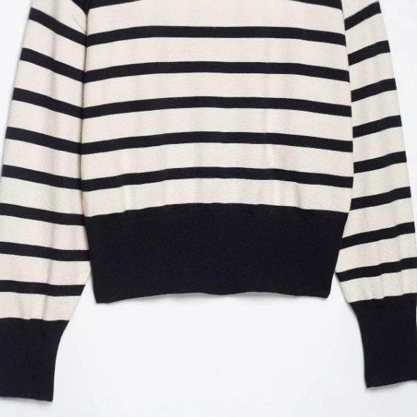 Damen Gestreifter Cropped‑Strickpullover mit Stehkragen und voluminösen Ballonärmeln Drune