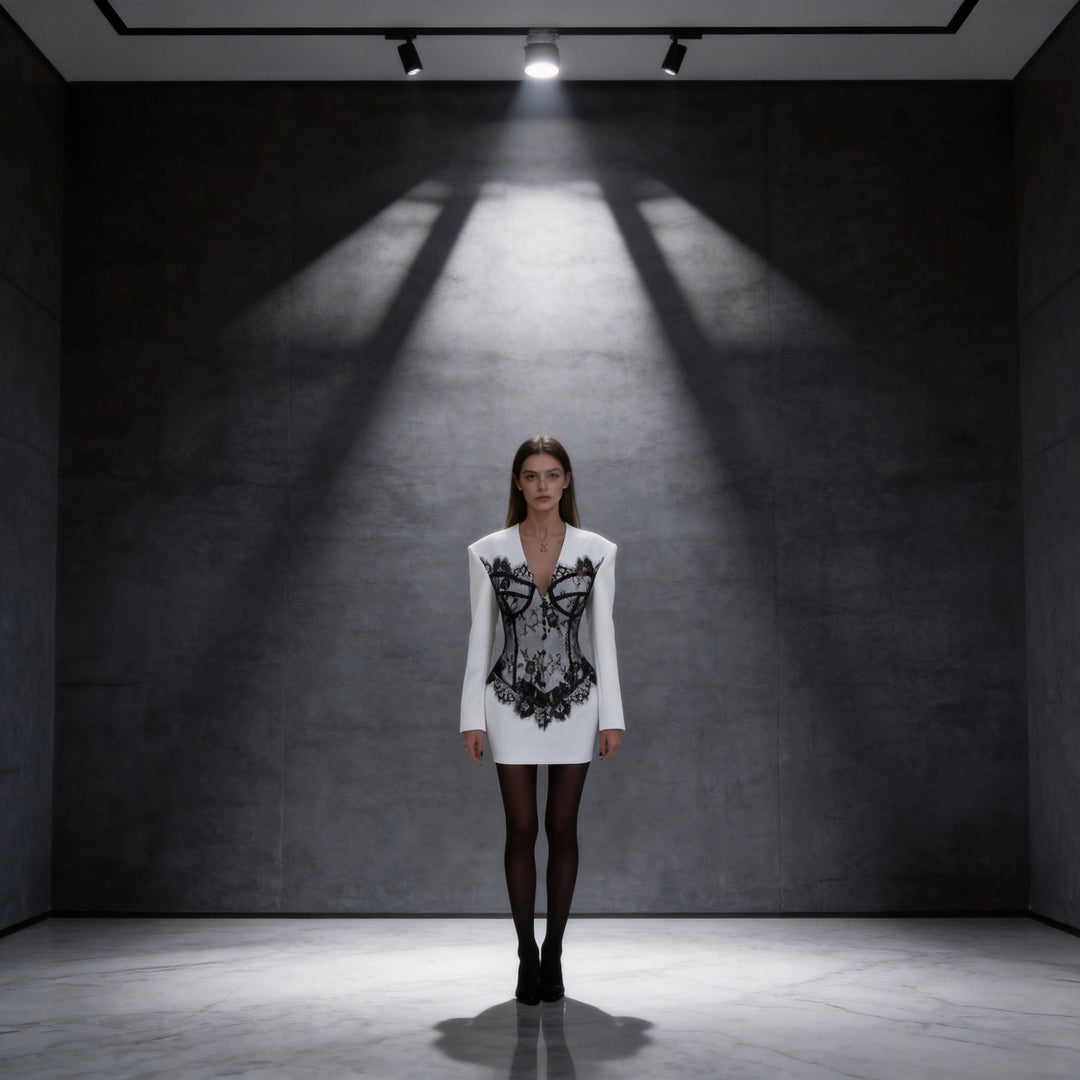 Damen Tailliertes Minikleid mit Korsagen-Optik und Spitzenapplikation Drune