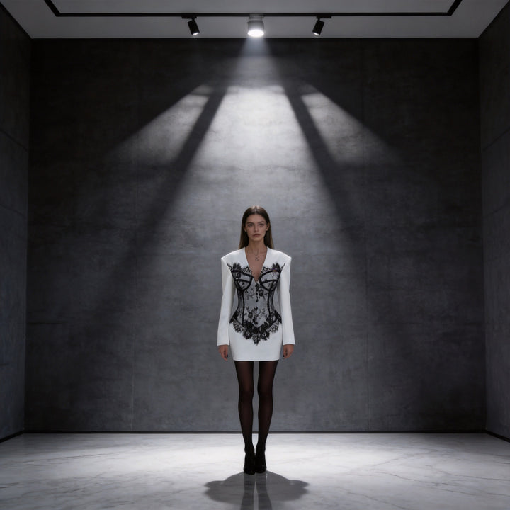 Damen Tailliertes Minikleid mit Korsagen-Optik und Spitzenapplikation Drune