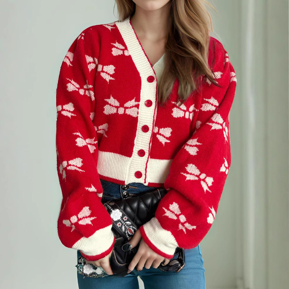 Damen kuschelige Strickjacke mit dekorativem Motiv und Knopfleiste Drune