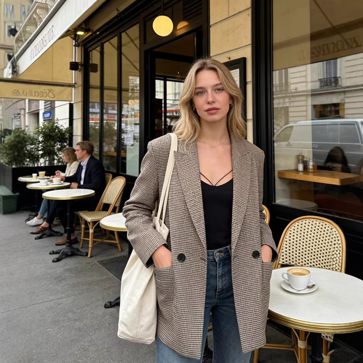 Damen Doppelreihiger Oversize-Blazer mit Hahnentritt-Check und Pattentaschen Drune