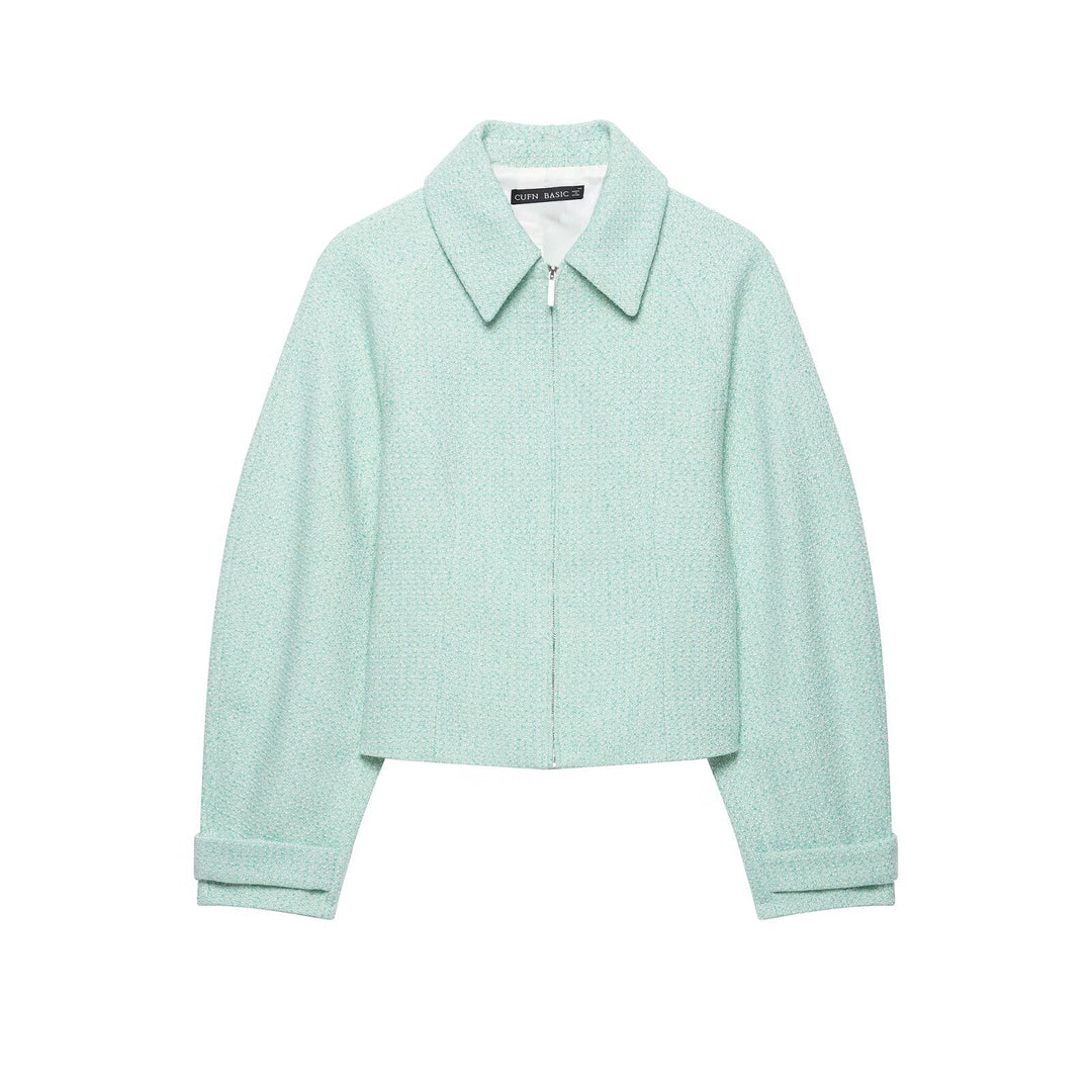 Damen Kurzjacke im Bouclé‑Mix mit verdecktem Reißverschluss und Hemdkragen Drune