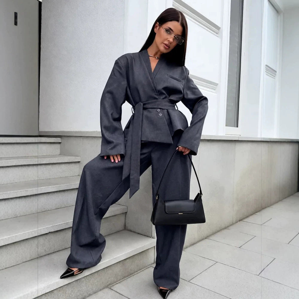 Damen Elegantes Wickelblazer-Set mit Taillengürtel und weiter Bundfaltenhose Drune