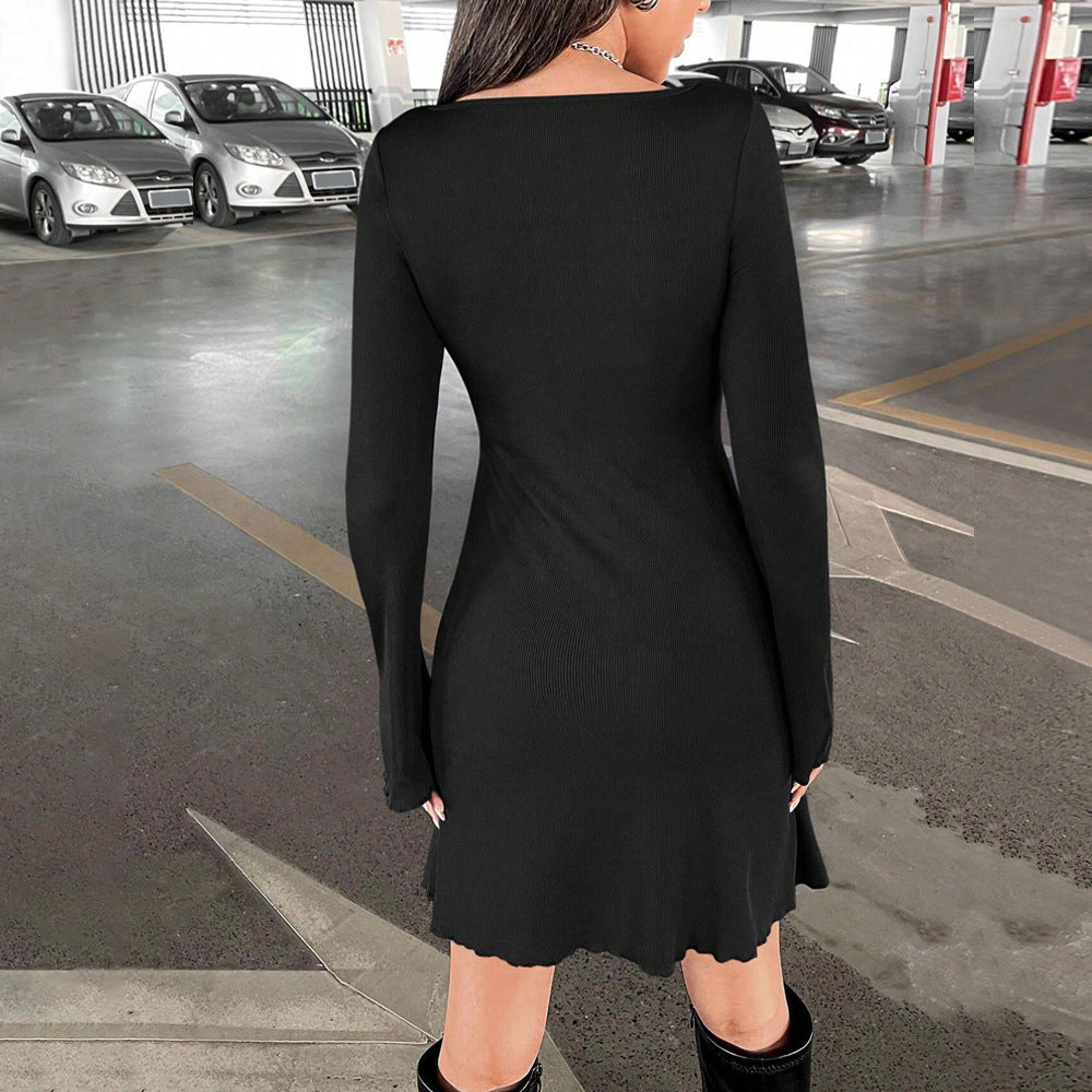 Damen geripptes A-Linien-Minikleid mit ausgestellten Glockenärmeln Drune