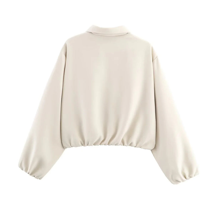 Damen nan cropped Blousonjacke mit Reißverschluss, Hemdkragen, Eingrifftaschen und elastischem Saum Drune