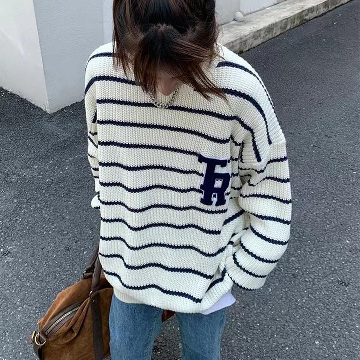 Damen lässiger Oversized-Pullover mit gebrochenen Streifen und Brusttasche Drune