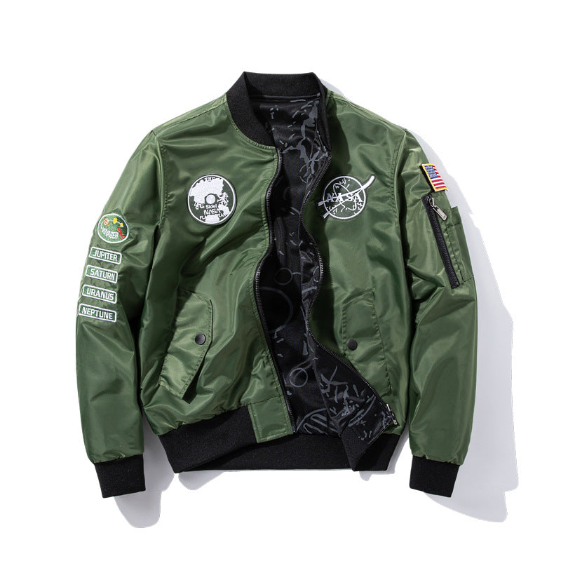 Herren  bestickte Raum-Patch glänzende Shell Bomberjacke mit bedrucktem Innenfutter und Ärmel-Reißverschluss-Nutztasche Drune
