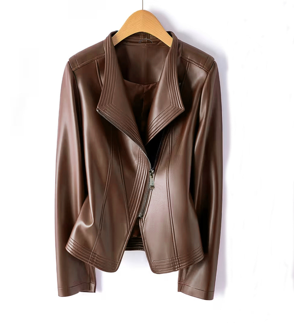 Damen Modische Kunstlederjacke mit asymmetrischem Reißverschluss Drune