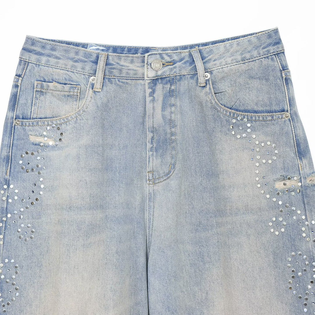 Damen Jeans mit hoher Taille, weitem Bein, Strassbesatz und Destroyed-Details Drune