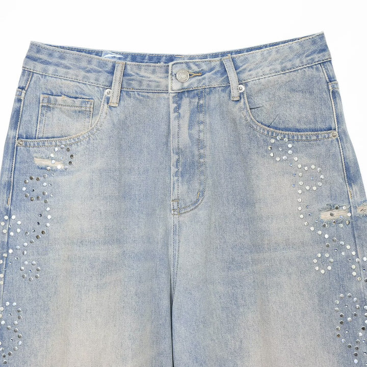 Damen Jeans mit hoher Taille, weitem Bein, Strassbesatz und Destroyed-Details Drune
