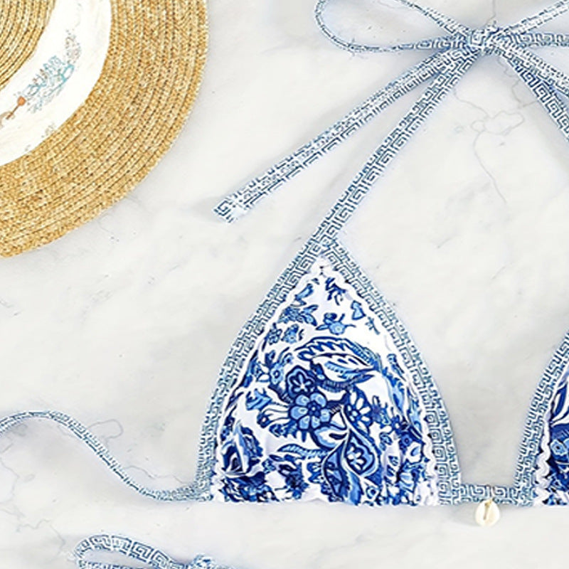 Damen Triangel-Bikini mit romantischem Blumenmuster und verstellbaren Trägern Drune