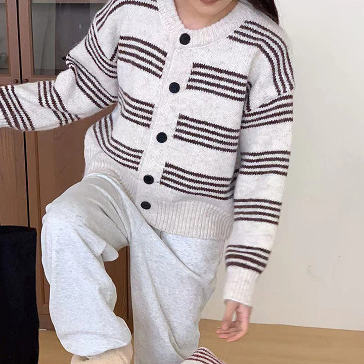Damen modische Strickjacke mit kontrastierenden Streifen und praktischen Knöpfen Drune