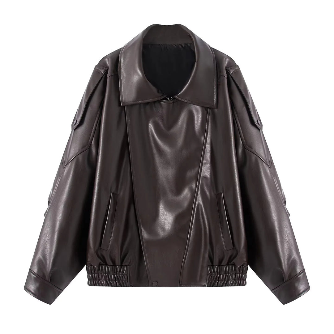 Damen nan oversized Kunstlederblouson mit großem Schalkragen, Pattentaschen und elastischem Bund Drune