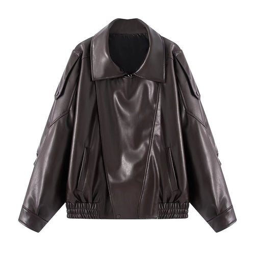 Damen nan oversized Kunstlederblouson mit großem Schalkragen, Pattentaschen und elastischem Bund Drune