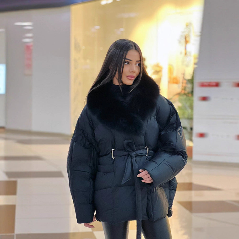 Damen Oversize Steppjacke mit Taillengürtel und Kunstfellkragen Drune