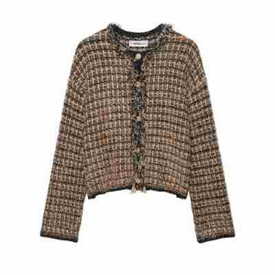 Damen Bouclé-Tweed-Croppedjacke mit Fransenbesatz und Rundhalsausschnitt Drune