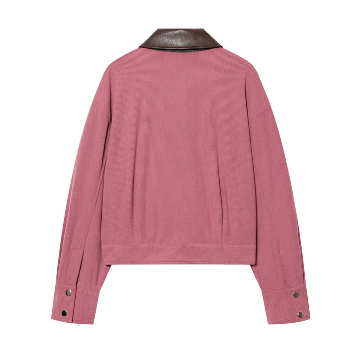 Damen nan cropped Cordjacke mit übergroßem Kunstlederkragen, Metallreißverschluss und großformatigen Pattentaschen Drune