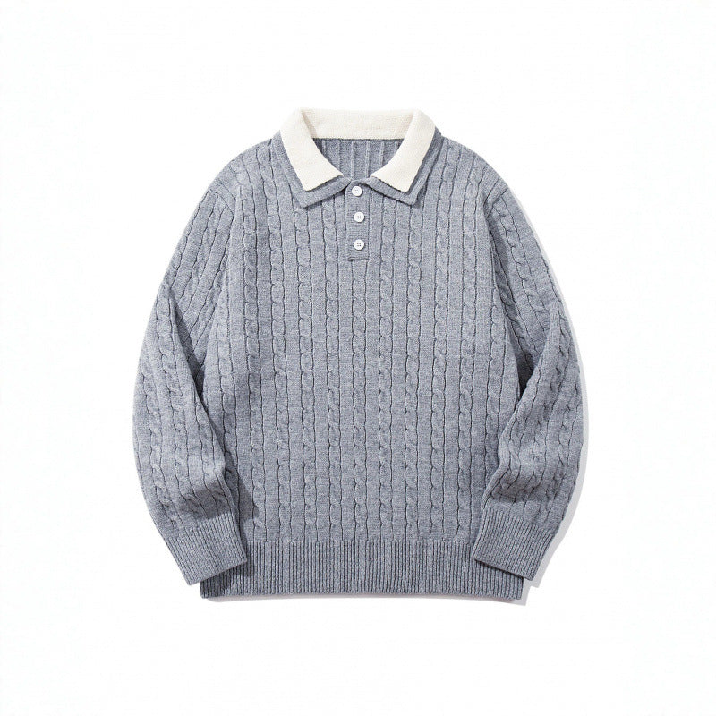 Herren Grobgestrickter Polokragen-Pullover mit Zopfmuster und Knopfleiste Drune