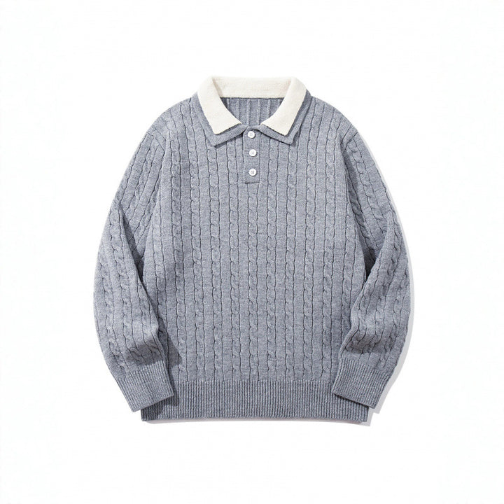 Herren Grobgestrickter Polokragen-Pullover mit Zopfmuster und Knopfleiste Drune