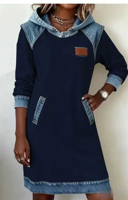 Damen Kapuzen Sweatkleid mit Denim-Besatz, Kängurutaschen und lässiger A-Linien Silhouette Drune