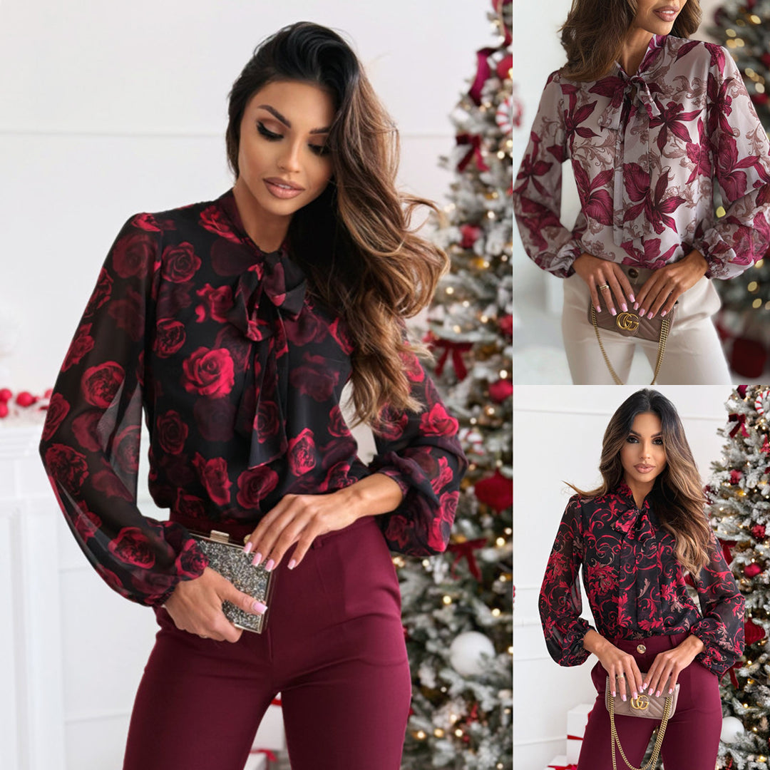 Damen elegante Bluse mit floralem Design und schickem Schleifenkragen Drune